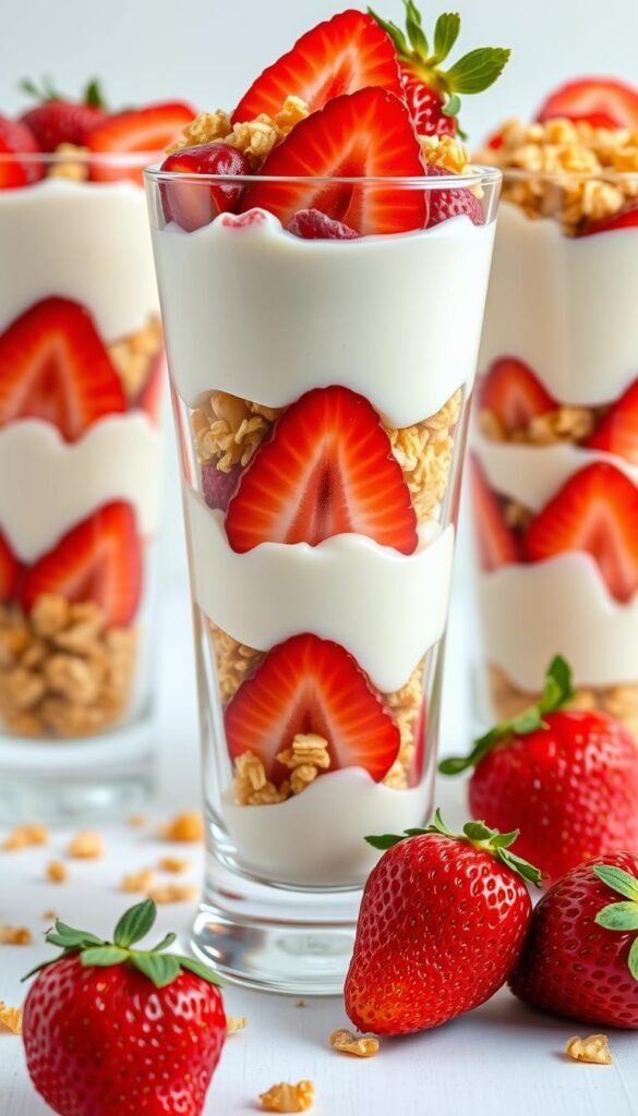 Strawberry parfait in tall glasses with layers of yogurt, granola, and fresh strawberries Strawberry parfait in tall glasses with layers of yogurt, granola, and fresh strawberries
