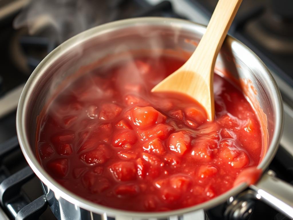 Strawberry puree being reduced in a saucepan on the stove Strawberry puree being reduced in a saucepan on the stove