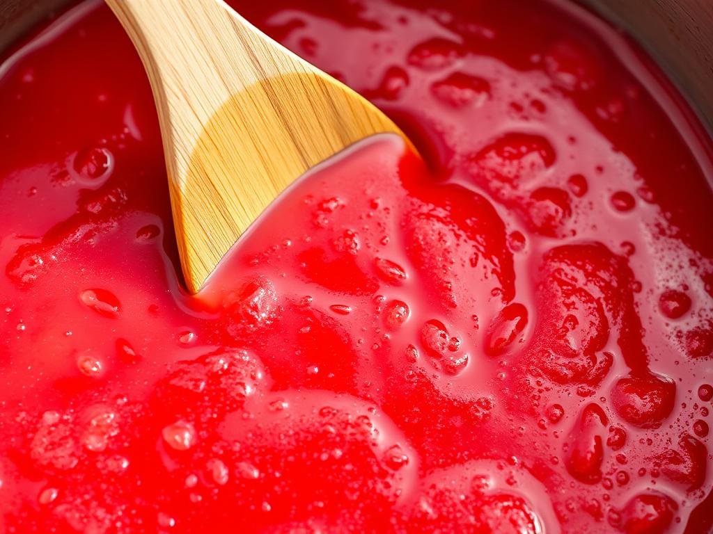 Strawberry sauce being cooked in a saucepan