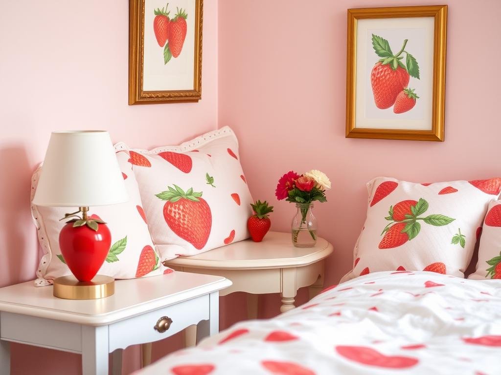 Strawberry shortcake aesthetic bedroom with pink and red decor elements