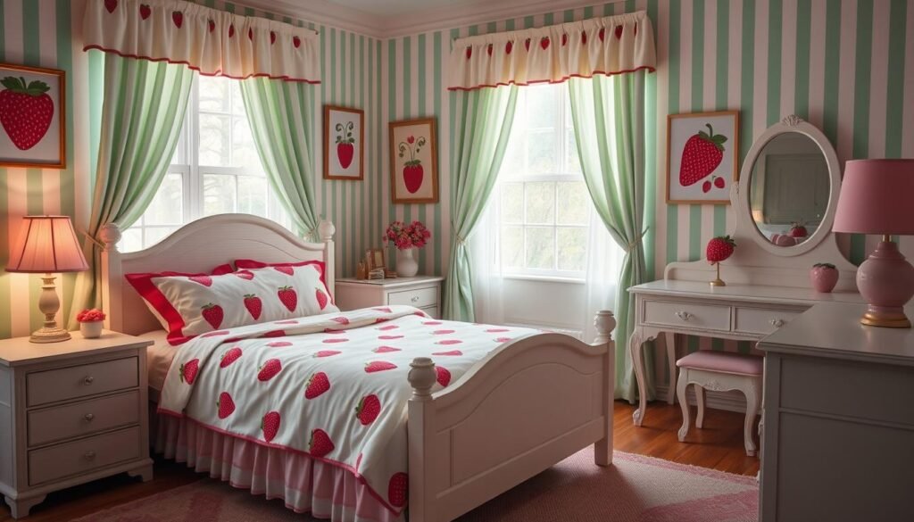Strawberry shortcake aesthetic bedroom with pink decor and strawberry motifs