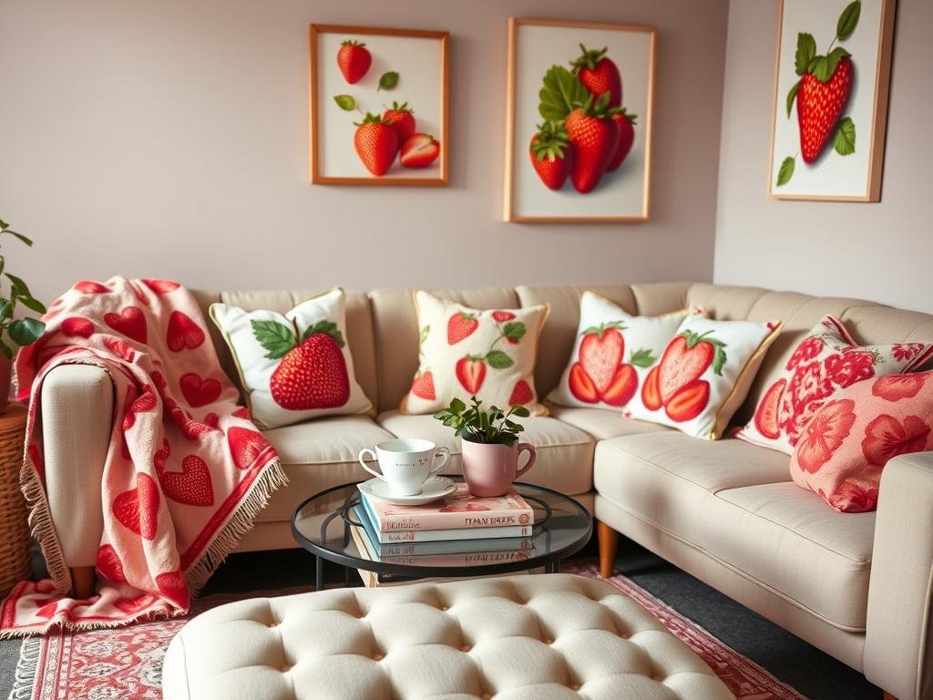 Strawberry shortcake aesthetic living room with comfortable furniture and sweet decor