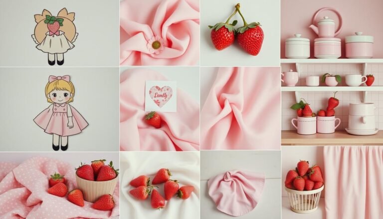 Strawberry shortcake aesthetic mood board featuring pink pastels, strawberry motifs, and vintage elements