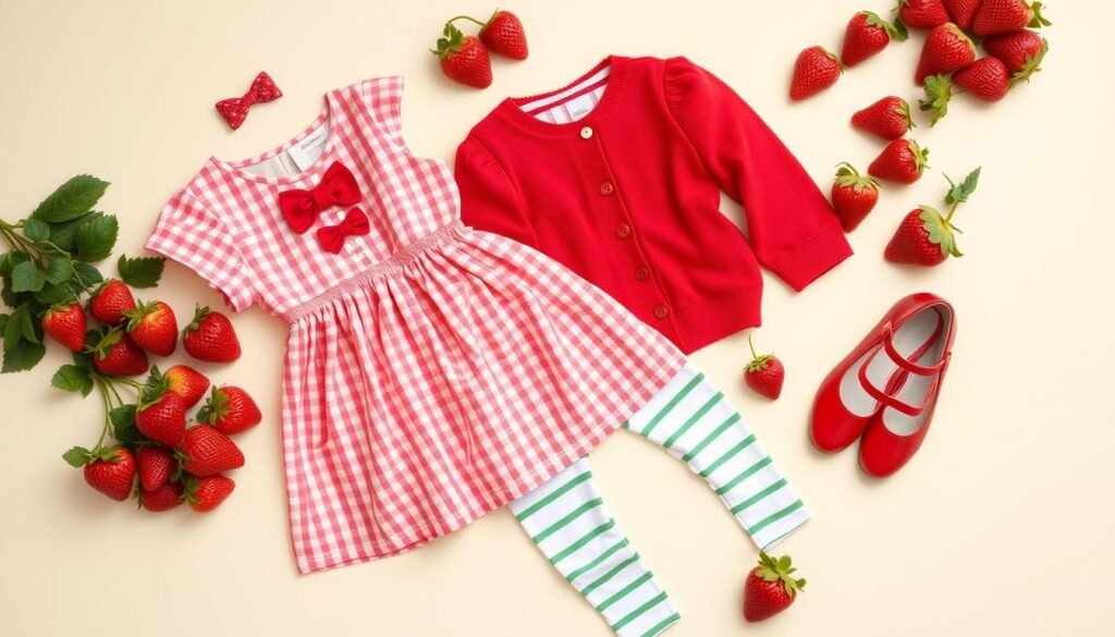 Strawberry shortcake aesthetic outfit inspiration featuring pink and red clothing with strawberry motifs
