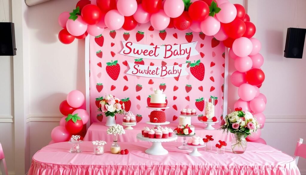 Strawberry shortcake baby shower decoration setup with balloon arch, dessert table, and themed backdrops