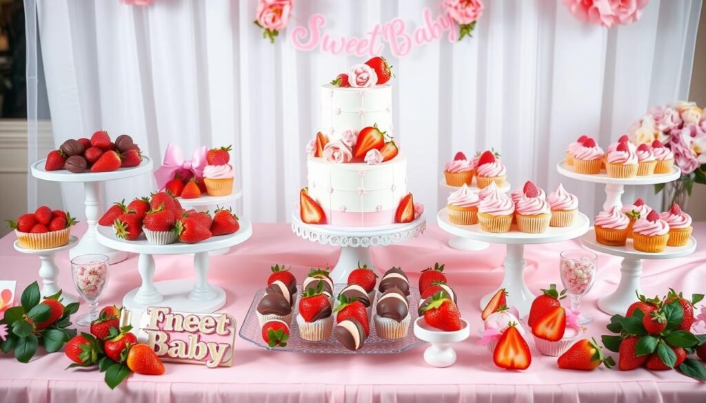 Strawberry shortcake baby shower dessert table with tiered cake, cupcakes, cookies, and strawberry treats