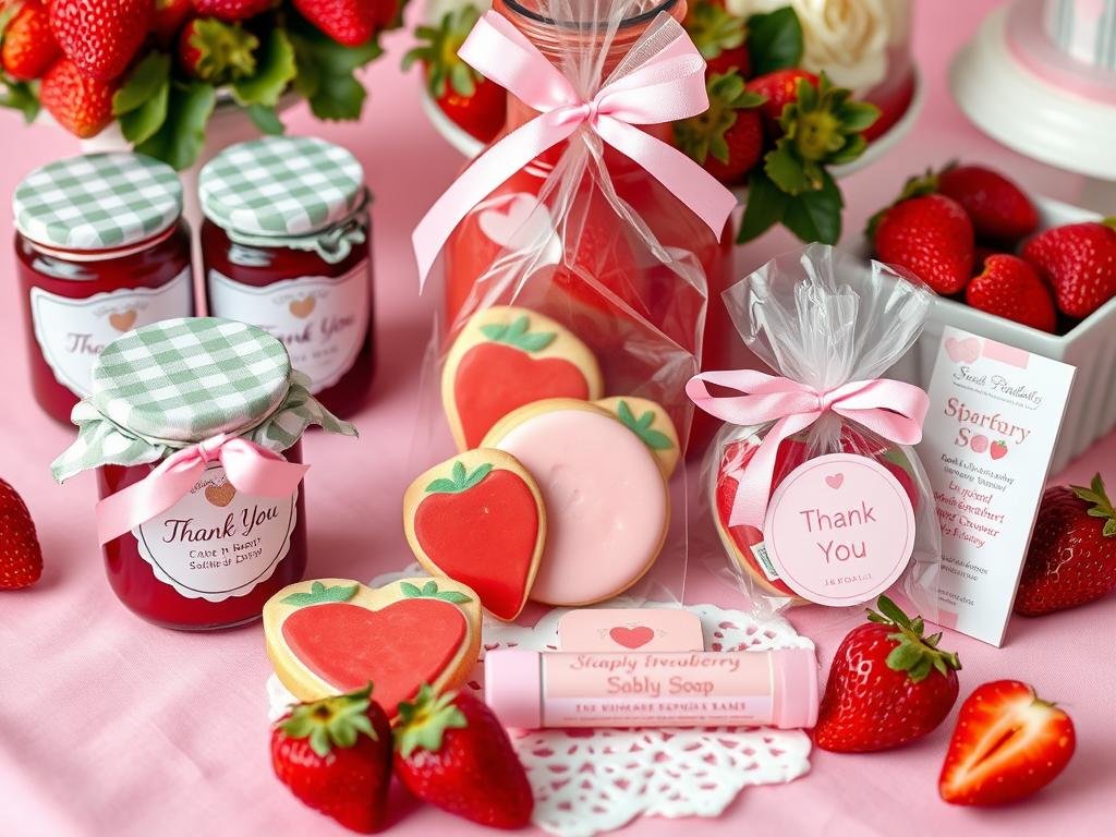Strawberry shortcake baby shower favors including jam jars, cookies, and strawberry-shaped items