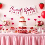 Sweet & Adorable Strawberry Shortcake Baby Shower Ideas Strawberry shortcake baby shower setup with pink and red decorations, strawberry-themed dessert table, and 'Sweet Baby' banner