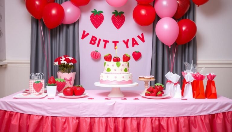 Strawberry shortcake birthday party table setup with pink and red decorations, strawberry-themed cake, and party favors