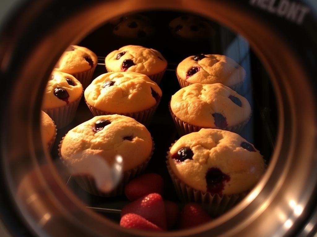 Strawberry shortcake blueberry muffins baking in the oven