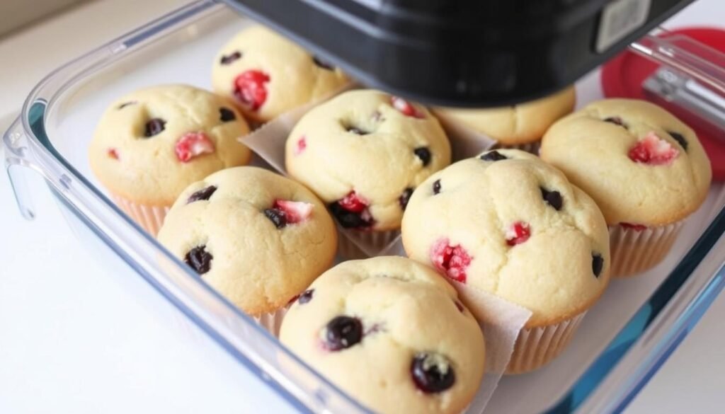 Strawberry shortcake blueberry muffins being stored in an airtight container with parchment paper between layers