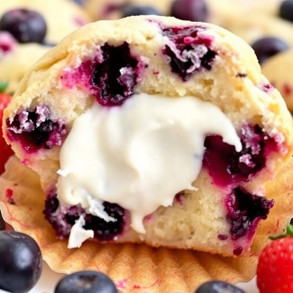 Strawberry shortcake blueberry muffins with cream cheese filling in the center
