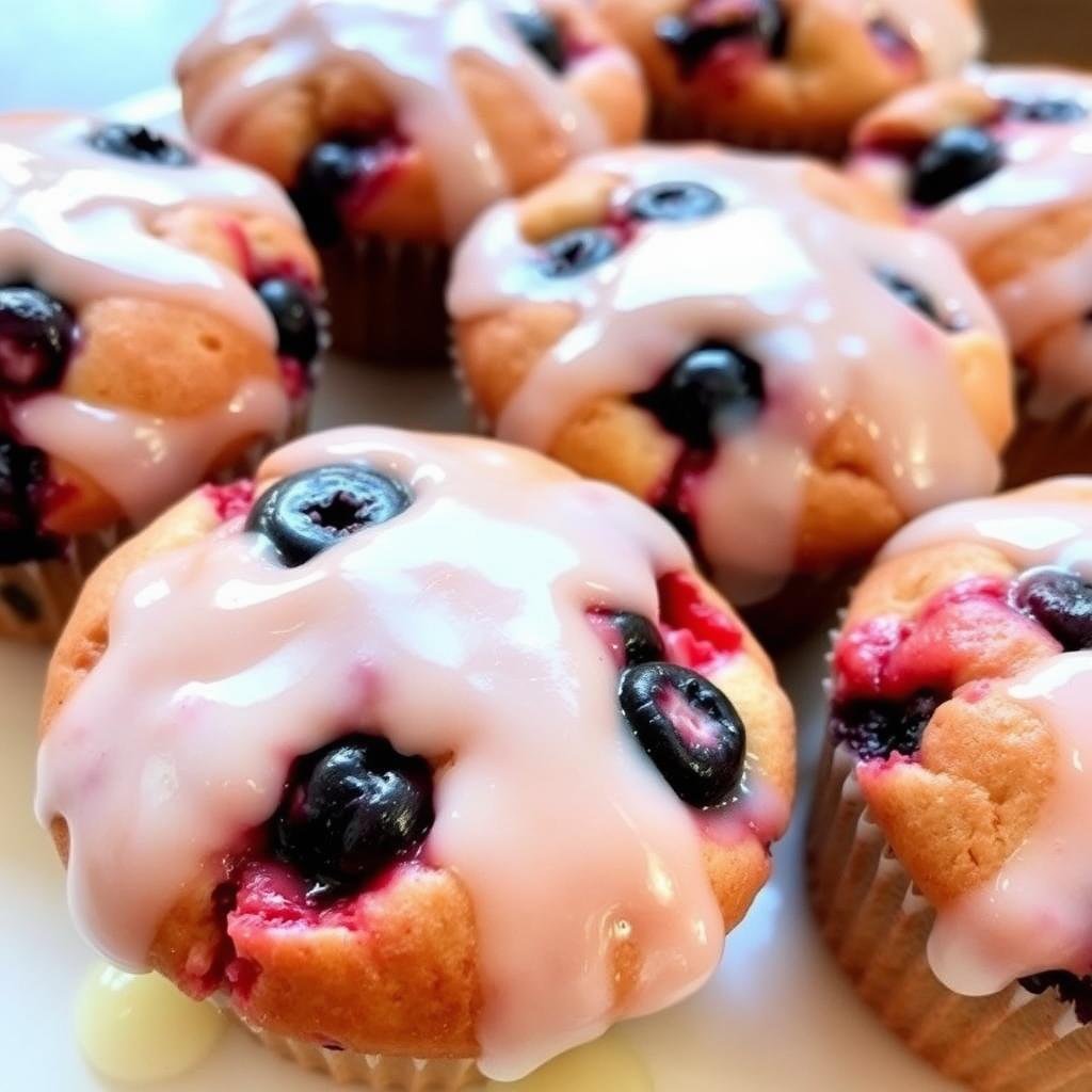 Strawberry shortcake blueberry muffins with lemon glaze drizzled on top