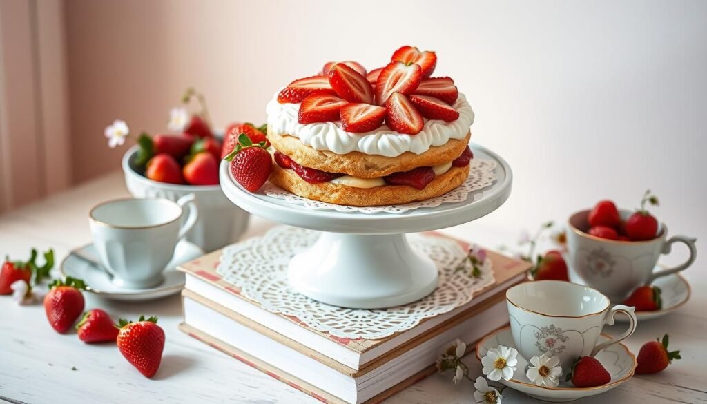 Strawberry shortcake centerpiece displayed on vintage books with teacups nearby
