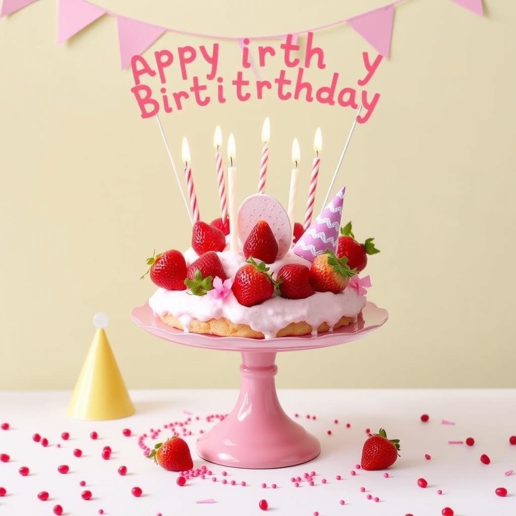 Strawberry shortcake centerpiece for a birthday party with candles and celebration elements