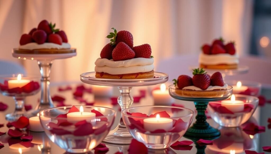 Strawberry shortcake centerpiece with floating candles and flower petals