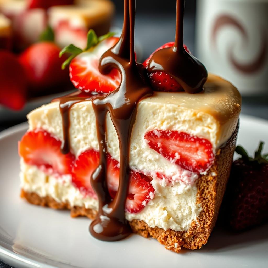 Strawberry shortcake cheesecake with chocolate drizzle
