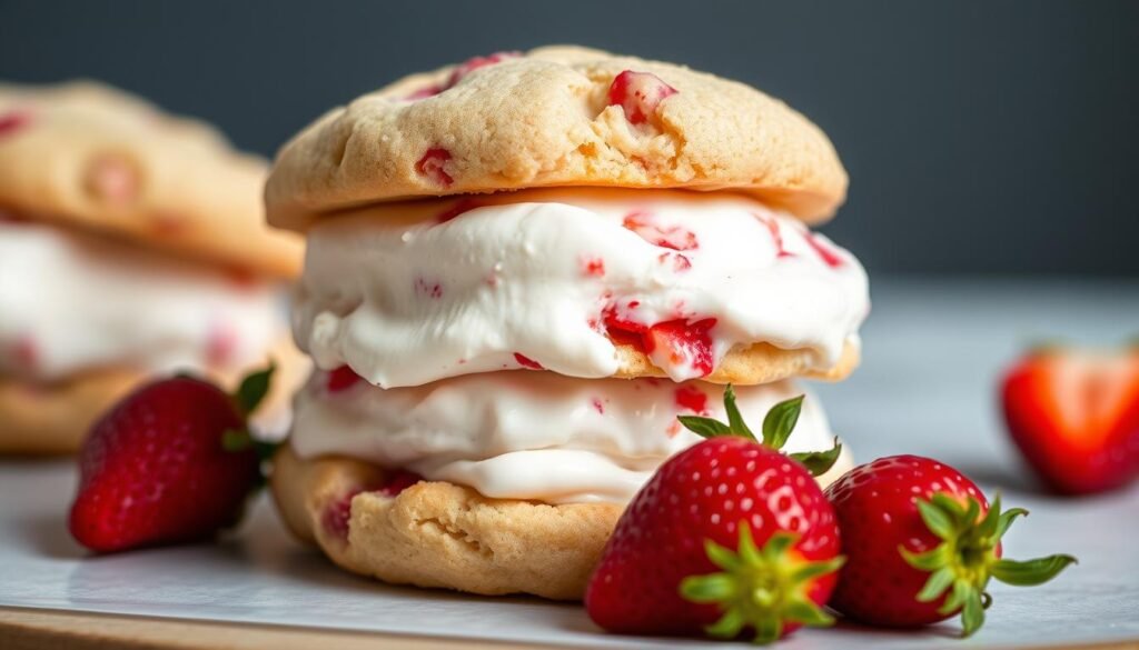 Strawberry shortcake cookies served as ice cream sandwiches with vanilla ice cream between two cookies Strawberry shortcake cookies served as ice cream sandwiches with vanilla ice cream between two cookies