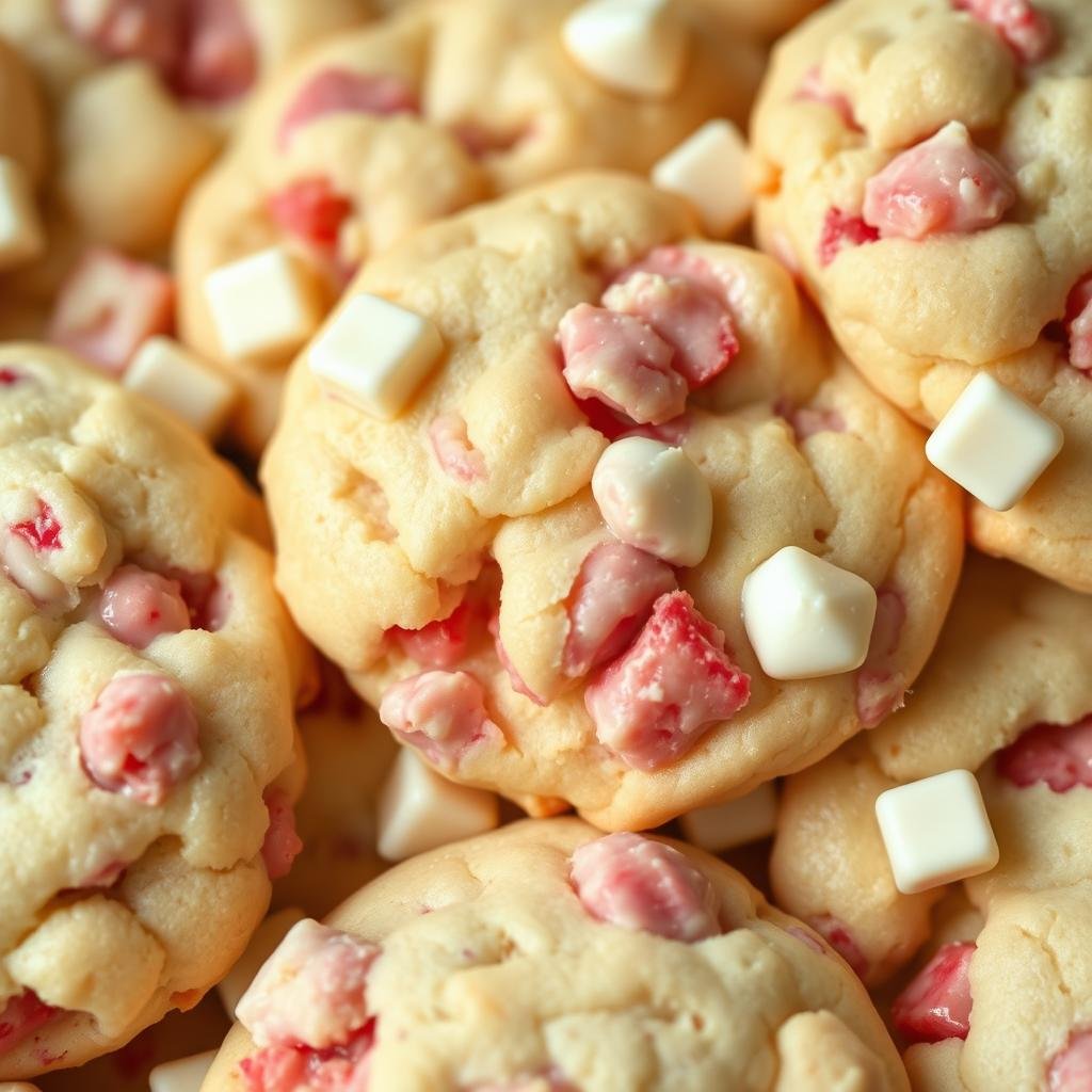 Strawberry shortcake cookies with white chocolate chips visible throughout the dough Strawberry shortcake cookies with white chocolate chips visible throughout the dough