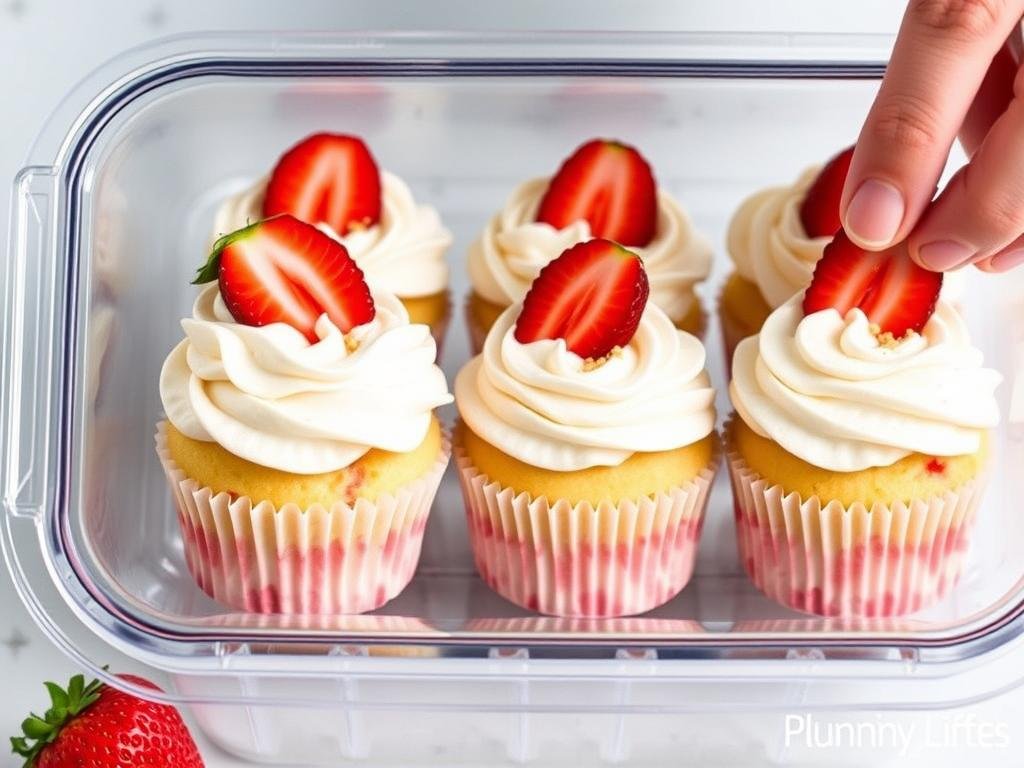 Strawberry shortcake cupcakes being stored in an airtight container Strawberry shortcake cupcakes being stored in an airtight container