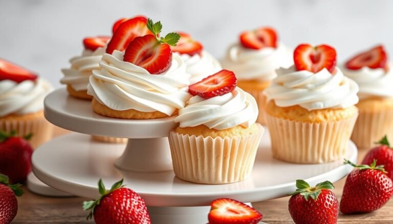 Strawberry shortcake cupcakes with fresh strawberries and whipped cream frosting on a decorative cake stand