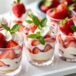 Strawberry shortcake cups arranged on a serving tray with fresh strawberries and mint garnish