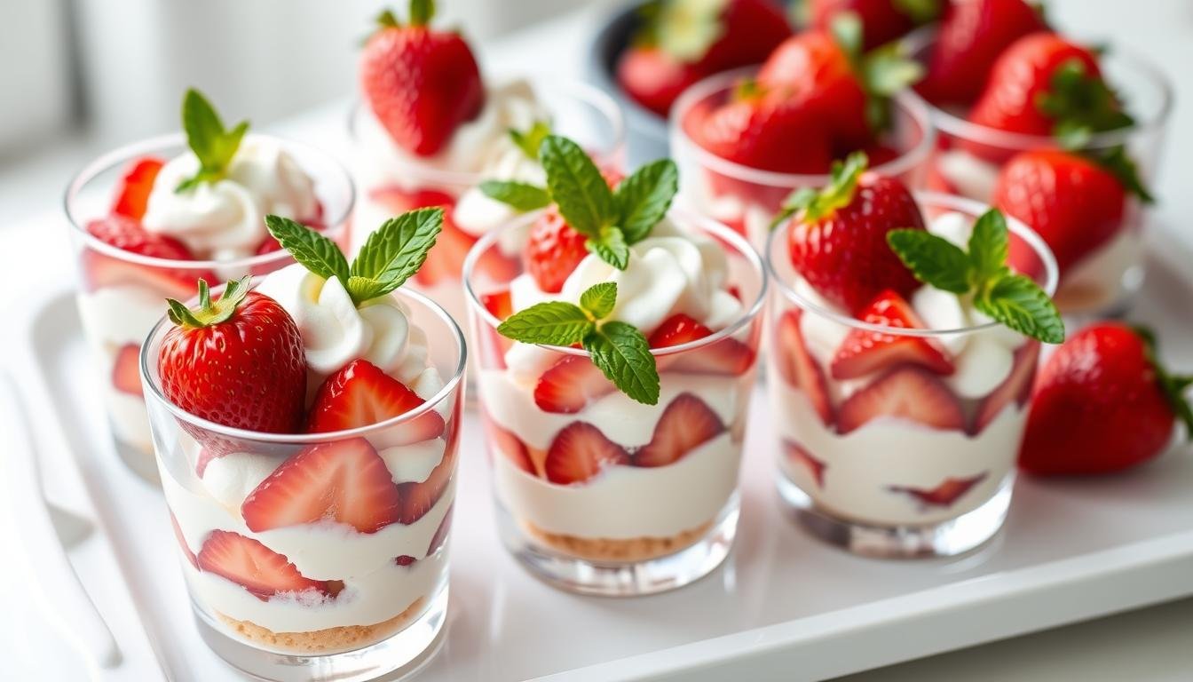 Strawberry shortcake cups arranged on a serving tray with fresh strawberries and mint garnish