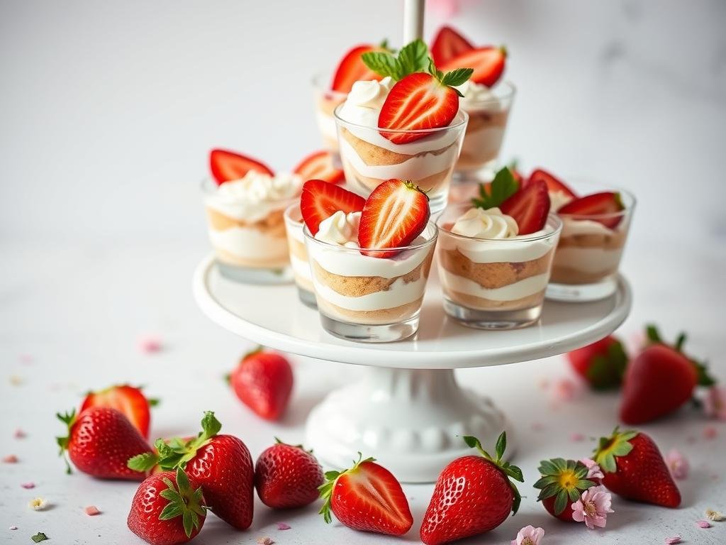 Strawberry shortcake cups beautifully arranged on a tiered dessert stand for a party Strawberry shortcake cups beautifully arranged on a tiered dessert stand for a party
