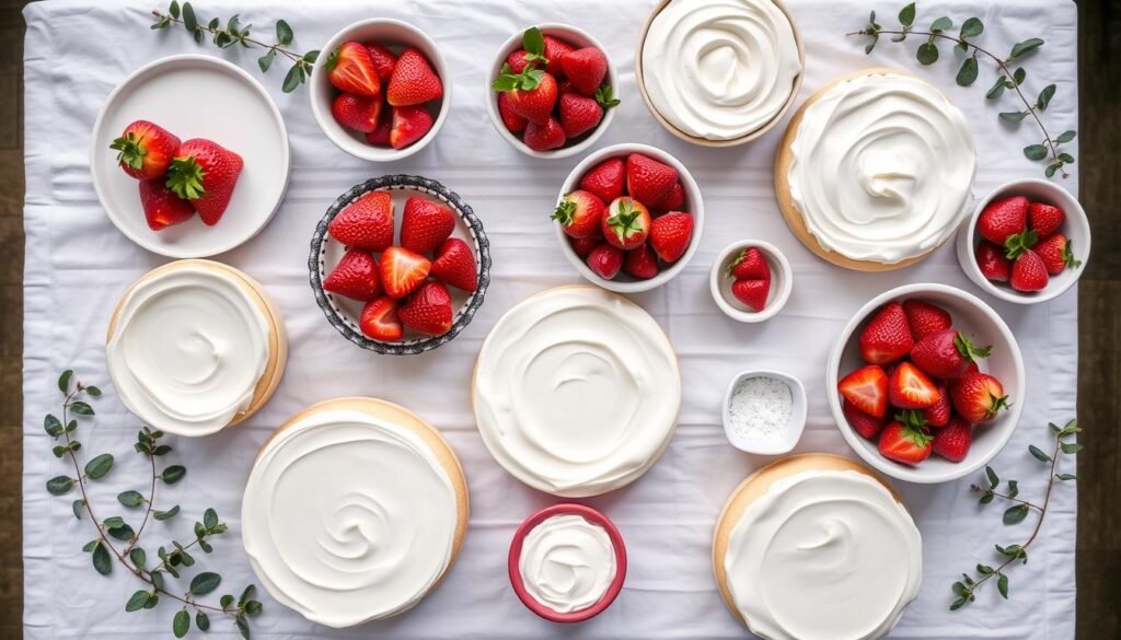 Strawberry shortcake grazing table with various components arranged beautifully