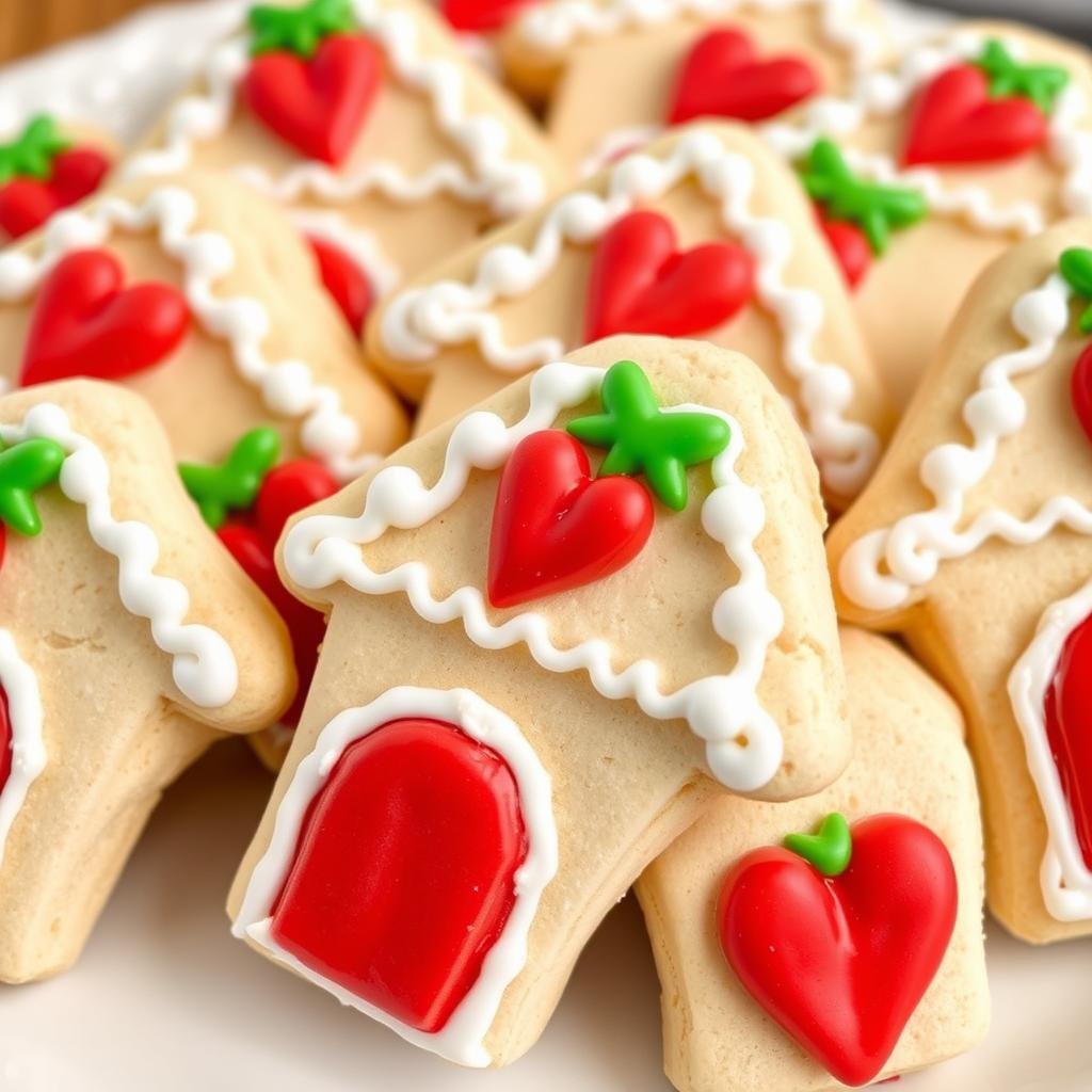 Strawberry shortcake house cookies decorated with royal icing in the shape of tiny houses