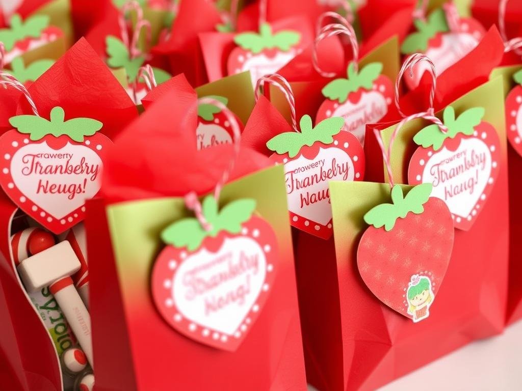 Strawberry shortcake house party favor bags with strawberry-shaped tags and themed goodies