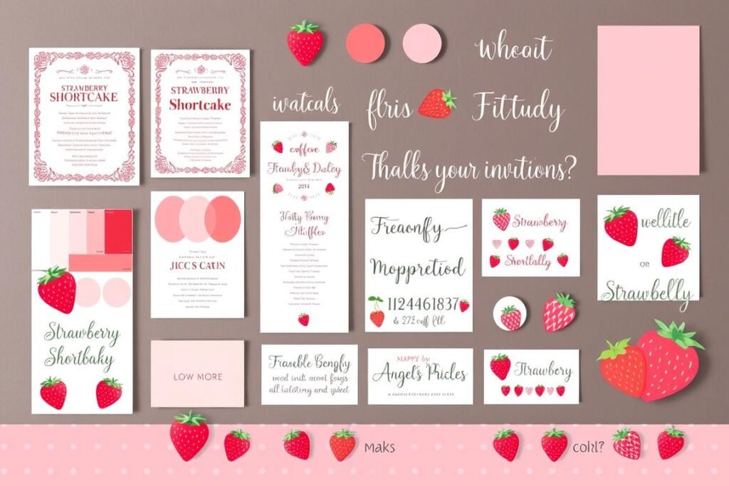 Strawberry shortcake invitation design elements showing color palette, fonts, and strawberry graphics Strawberry shortcake invitation design elements showing color palette, fonts, and strawberry graphics