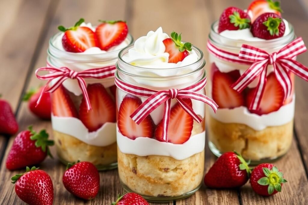 Strawberry shortcake layers in mason jars with gingham ribbon