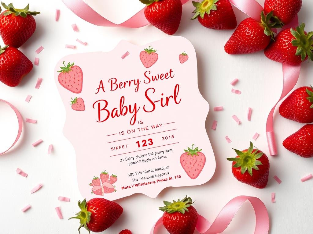 Strawberry shortcake themed baby shower invitation with pink and red colors and strawberry illustrations