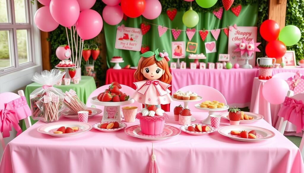 Strawberry shortcake themed party setup with decorations, food, and activities