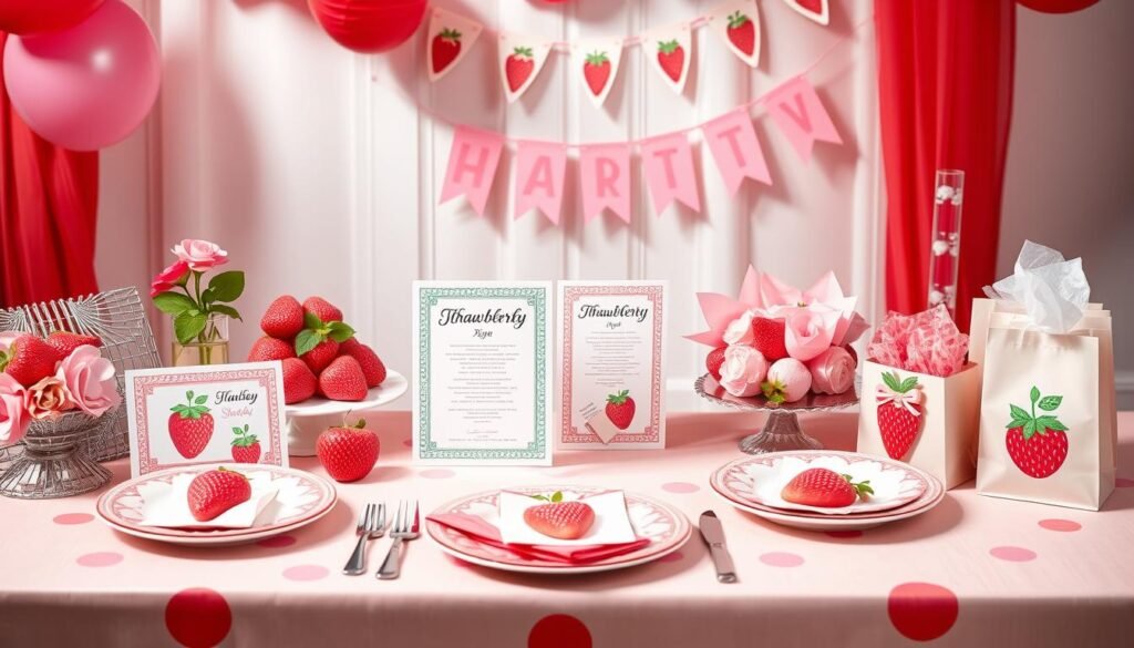Strawberry shortcake themed party table with matching invitations, decorations, and party favors Strawberry shortcake themed party table with matching invitations, decorations, and party favors