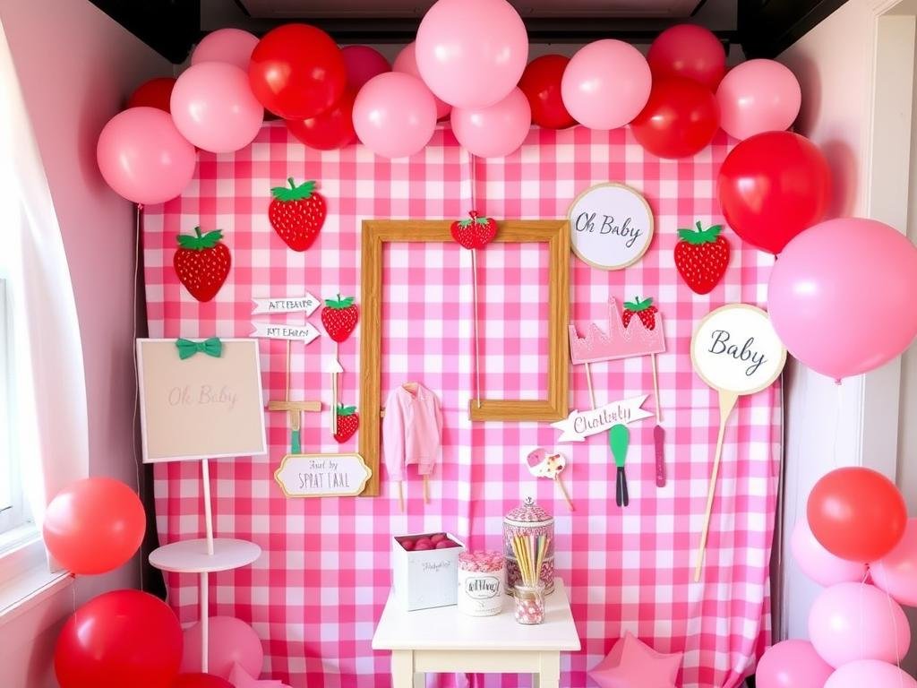 Strawberry shortcake themed photo booth with props and backdrop for a baby shower
