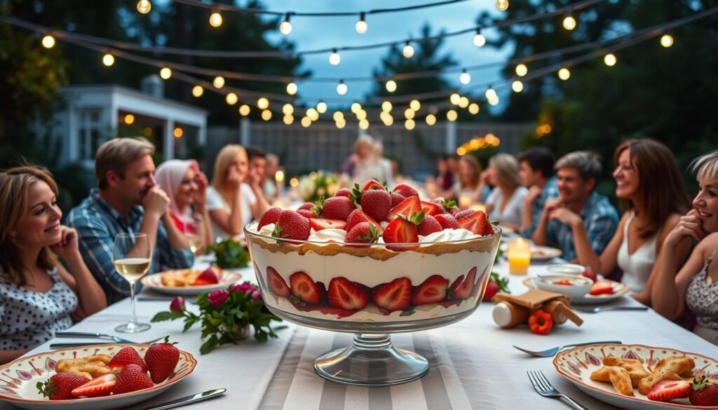 Strawberry shortcake trifle as centerpiece at a summer garden party with people enjoying dessert