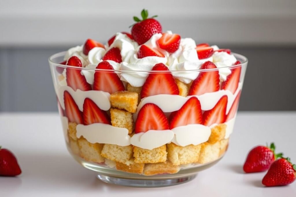 Strawberry shortcake trifle in a glass bowl showing layers of cake, cream, and strawberries Strawberry shortcake trifle in a glass bowl showing layers of cake, cream, and strawberries