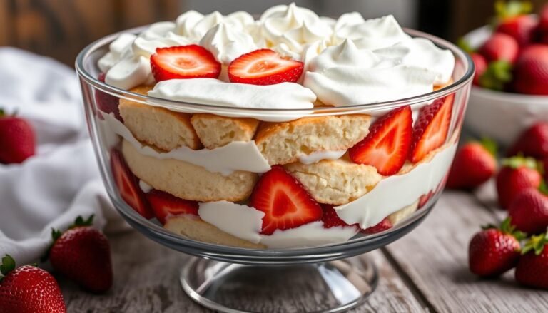 Strawberry shortcake trifle in a glass trifle dish showing beautiful layers of cake, strawberries, and whipped cream
