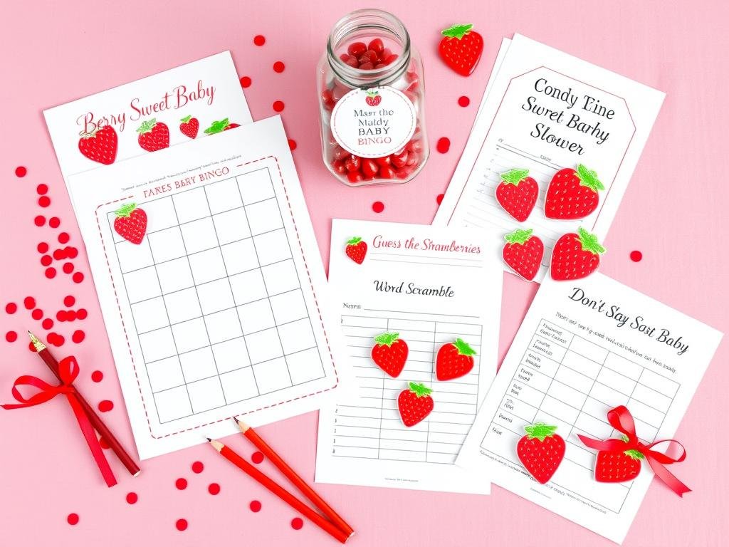 Strawberry themed baby shower games including bingo cards, word scrambles, and guessing games