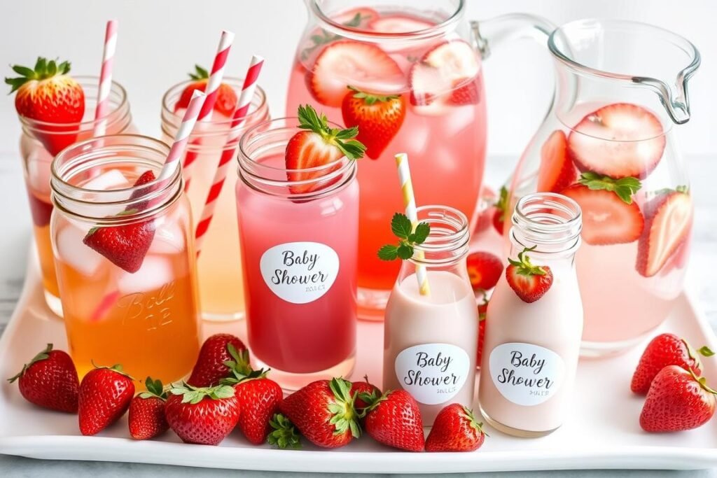 Strawberry themed drinks and beverages for a baby shower including pink lemonade and infused water