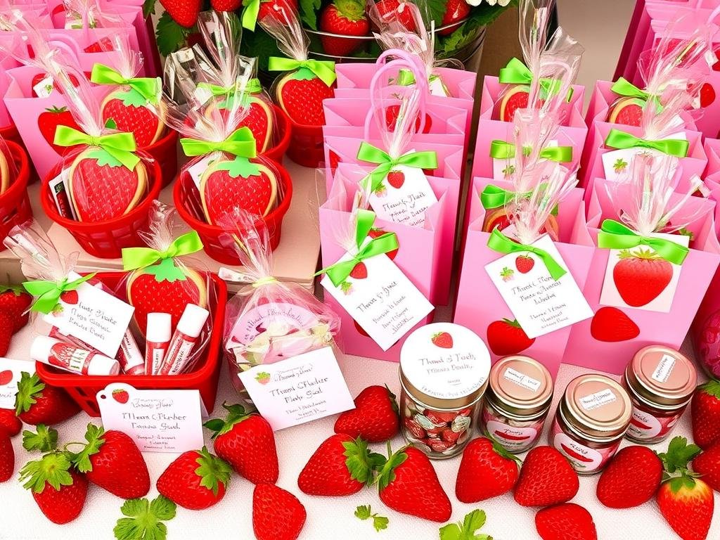 Strawberry-themed party favor bags with various strawberry-shaped treats and small gifts