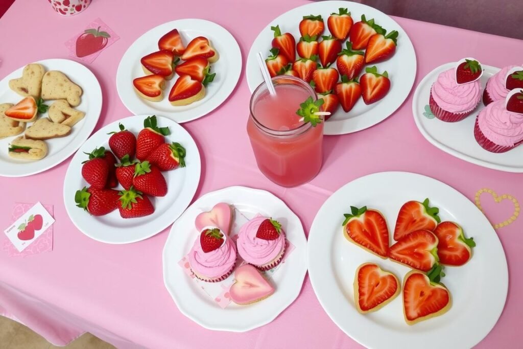 Strawberry-themed party food spread including strawberry-shaped sandwiches, fruit skewers, and pink lemonade