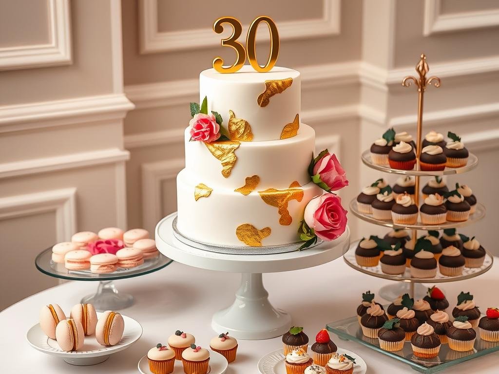 Stunning 30th birthday cake with gold details, fresh flowers, and modern design creating a luxurious 30th birthday aesthetic centerpiece