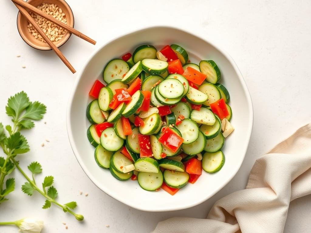 Styled photo of spicy cucumber salad ready for Pinterest