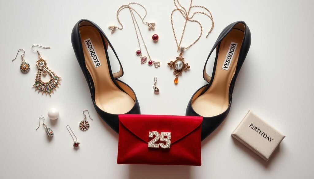 Stylish accessories for 16th birthday outfit including jewelry, shoes and bag