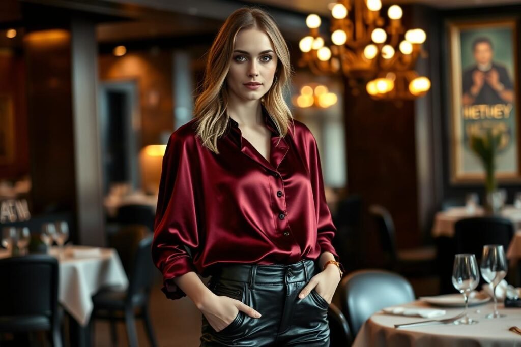 Stylish blouse and leather pants combination for 21st birthday dinner Stylish blouse and leather pants combination for 21st birthday dinner