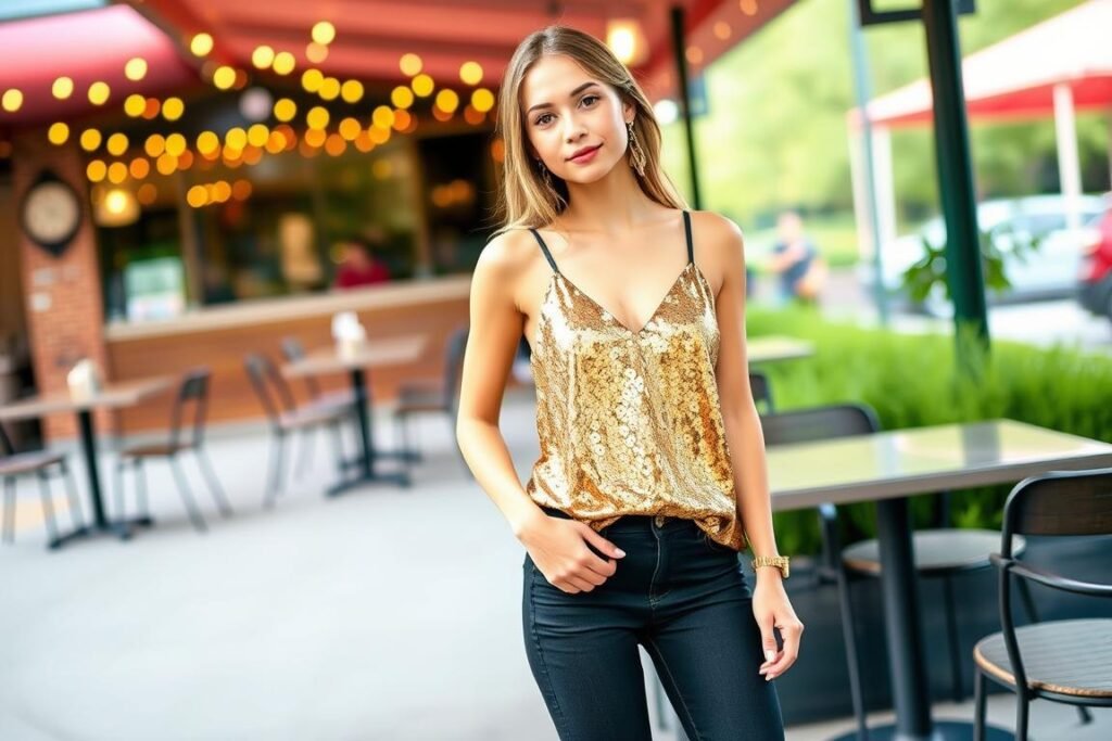 Stylish jeans with sequin top for casual 19th birthday celebration