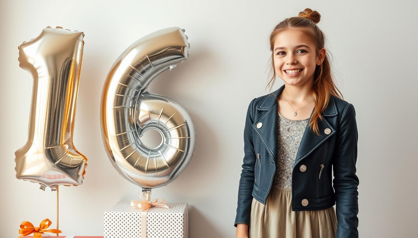 Stylish teen girl in a sparkly 16th birthday outfit posing with birthday balloons and gifts